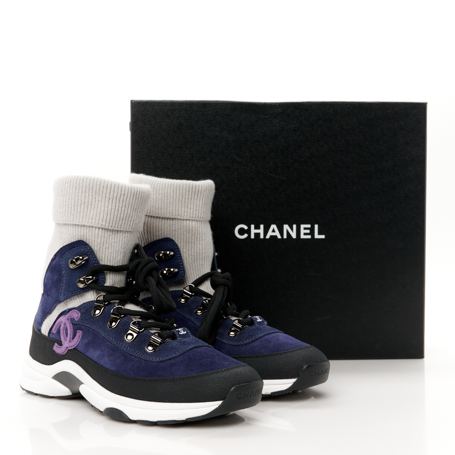スニーカー NAVY SUEDE SNEAKERS CHANEL Suede Calfskin Knit CC Sneakers 38 Dark Blue Light
