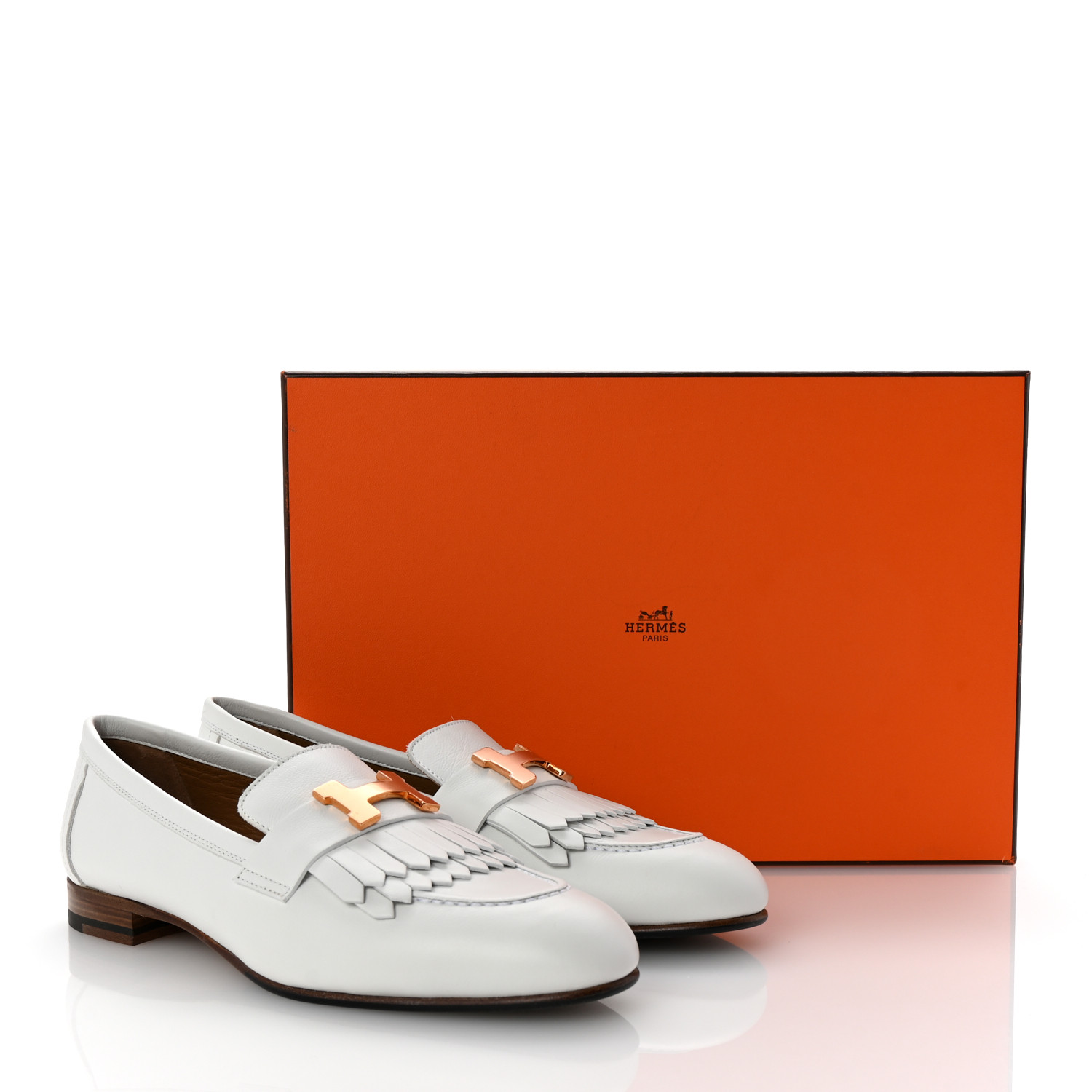 HERMES Calfskin Womens Royal Loafers 36 White 1676410