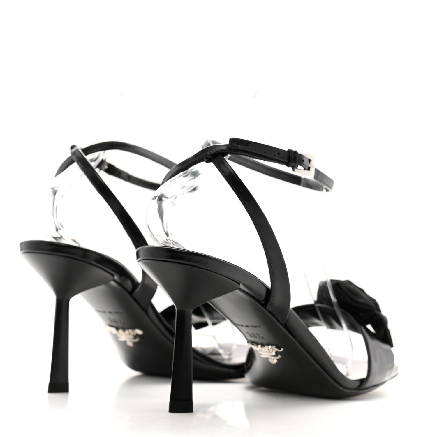 PRADAオシャレなヒール PRADA Vernice Nylon Flower Metal Triangle Logo Open Toe 65mm