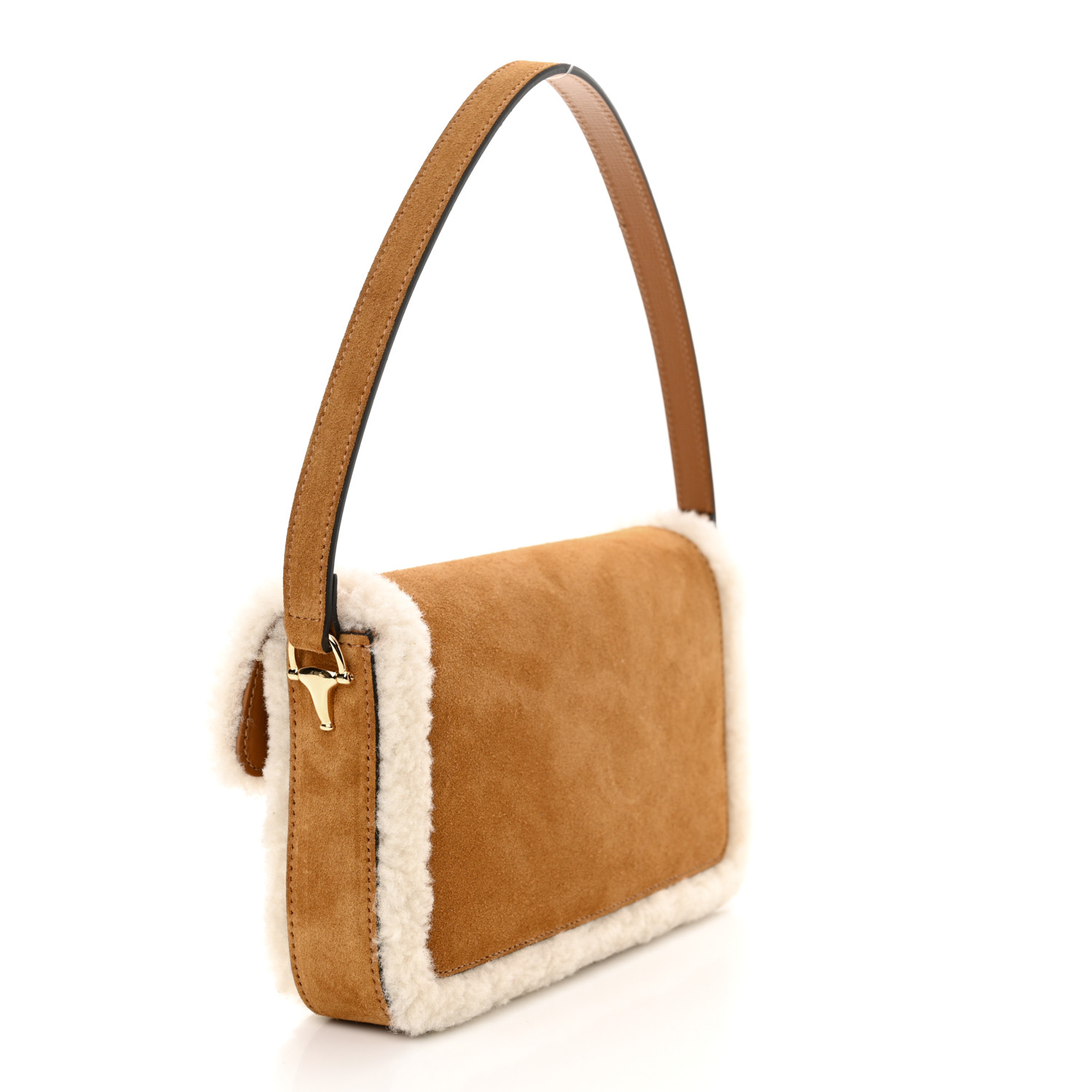 GUCCI Suede Shearling Mini Horsebit 1955 Shoulder Bag Honey