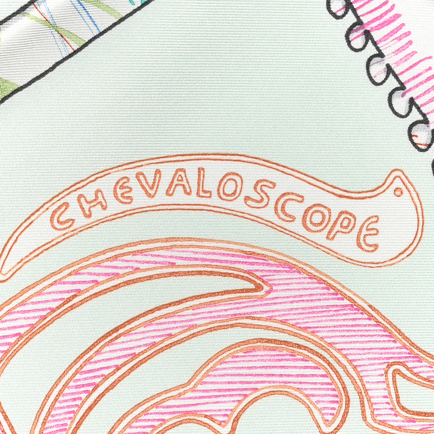 エルメス カレ90 Chevaloscope vert d’eau/corail/bleu HERMES Silk Chevaloscope Scarf 90 Vert D'eau Corail Bleu