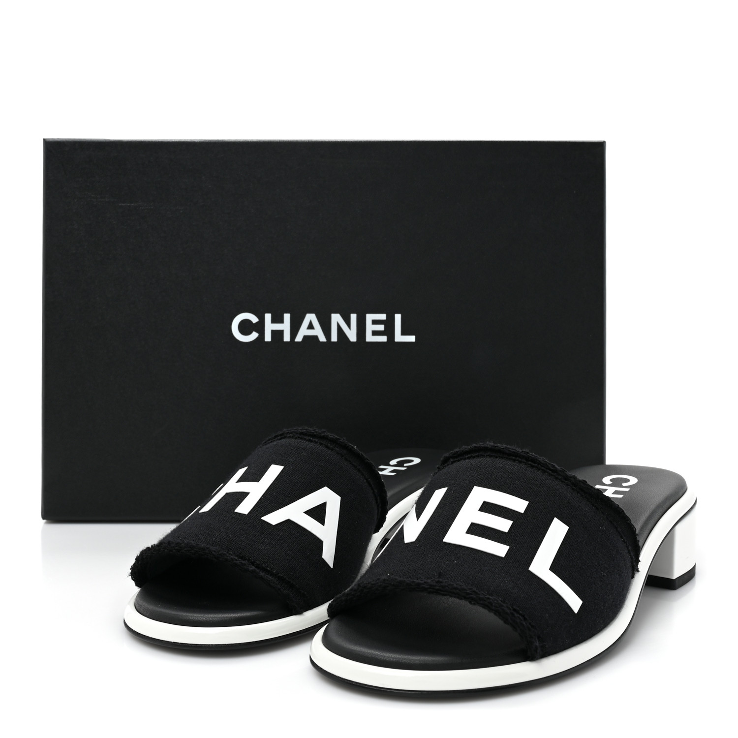 CHANEL Cotton Logo Mule Sandals 35 Black White 1484939