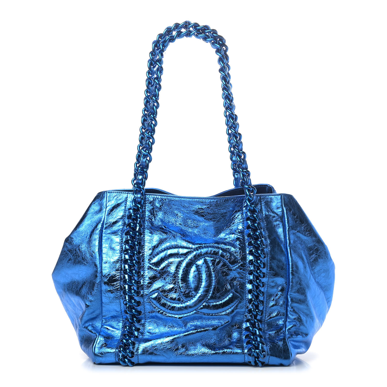 CHANEL Metallic Cracked Calfskin Modern Chain Tote Blue