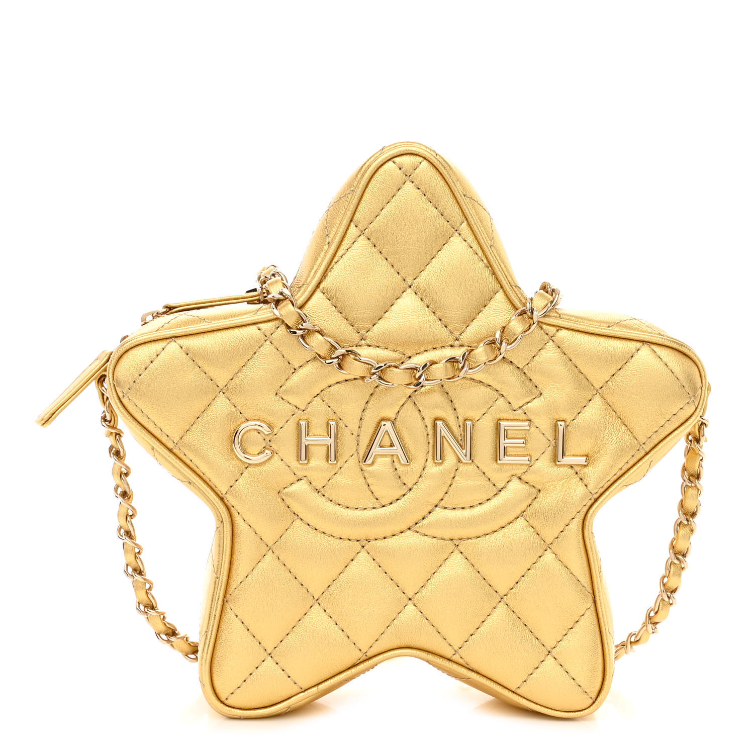 CHANEL Metallic Lambskin Quilted Walk Of Fame Star Bag Gold