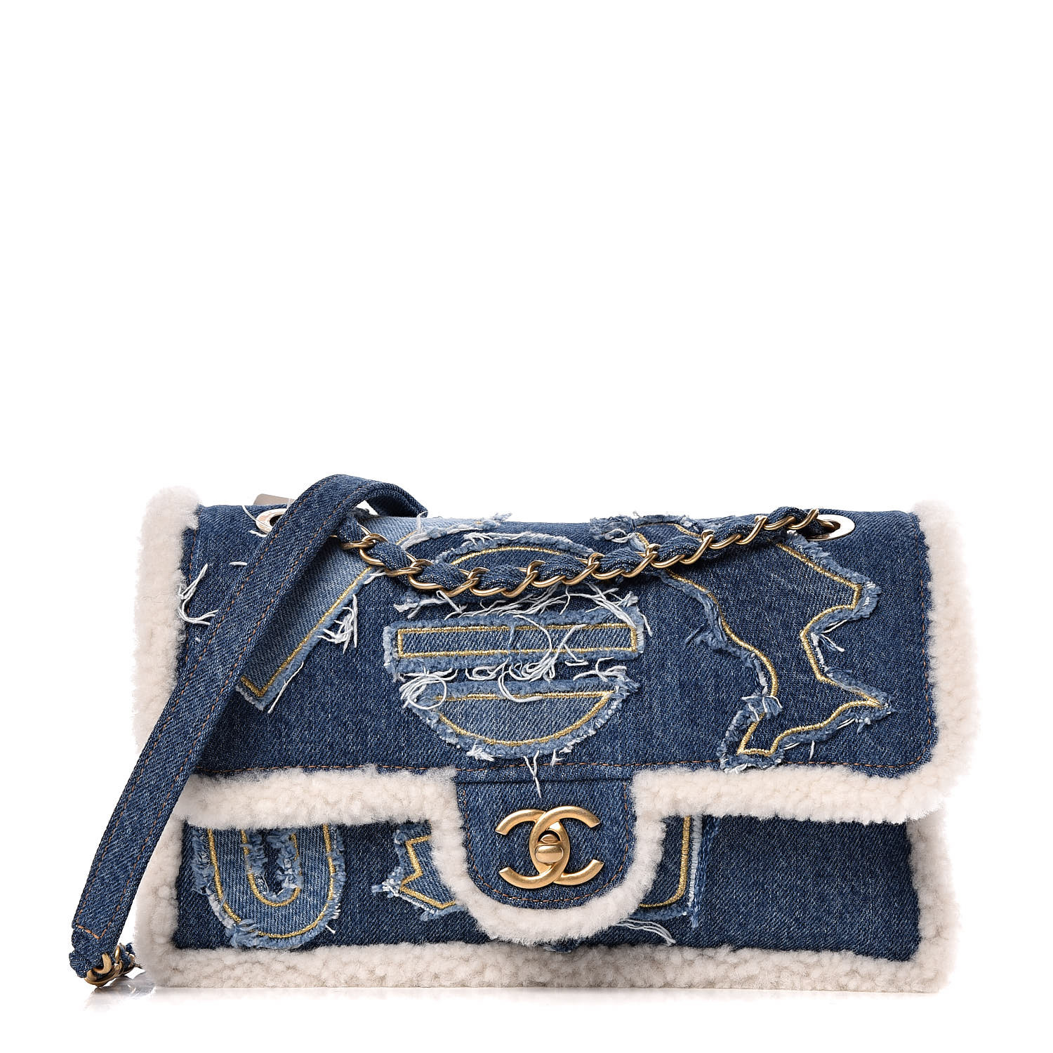 Chanel denim jacket with egyptian symbols and cream shearling collar A –  LuxuryPromise