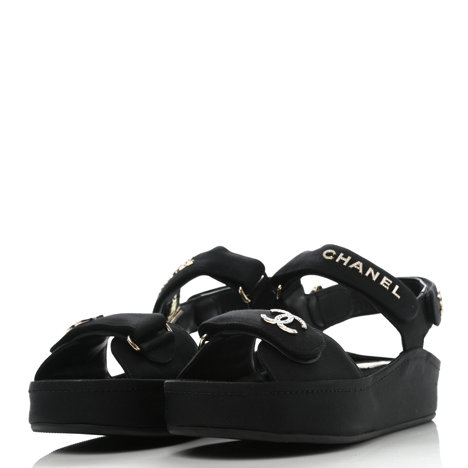 CHANEL Grosgrain Crystal Logo Platform Sandals 37 Black
