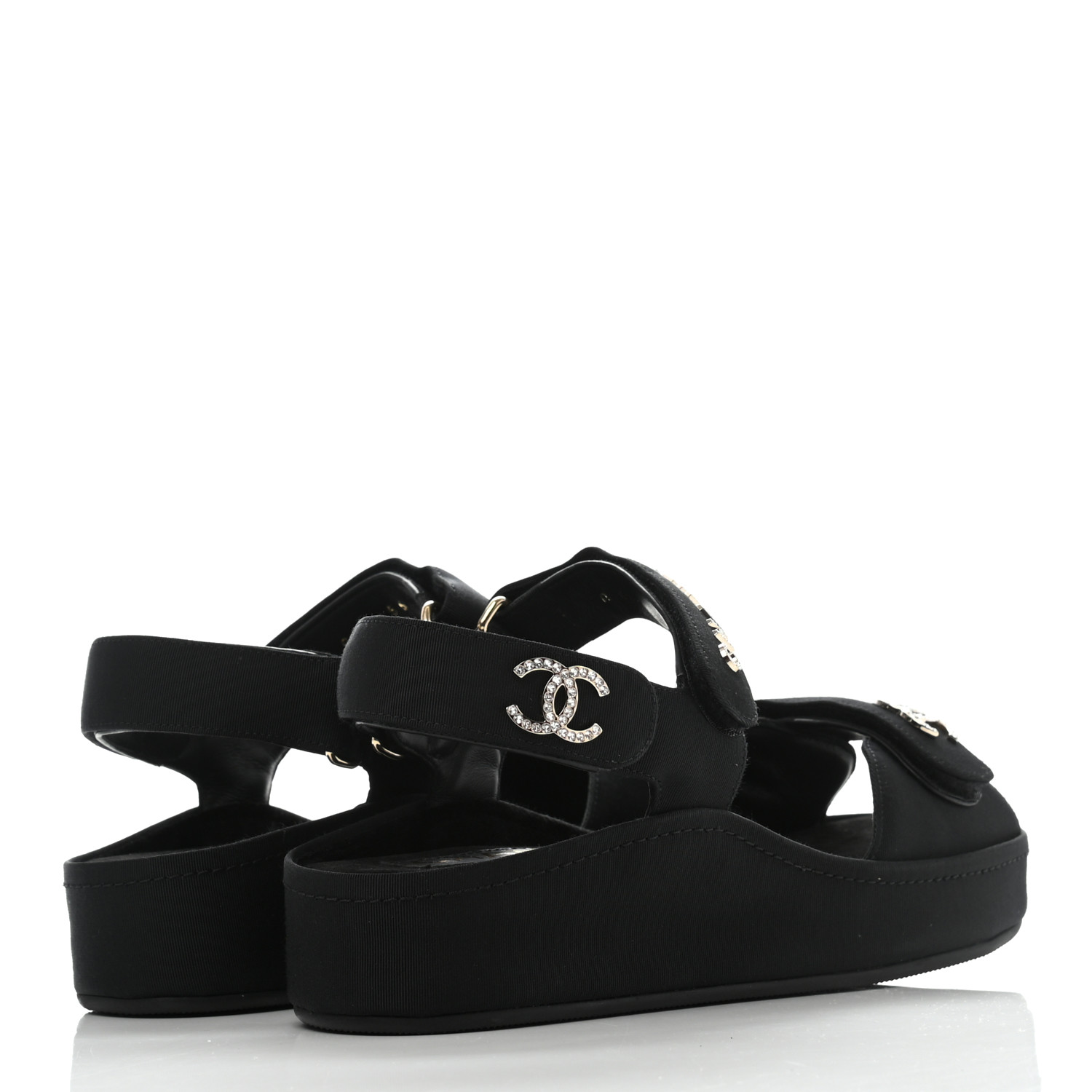 CHANEL Grosgrain Crystal Logo Platform Sandals 37 Black