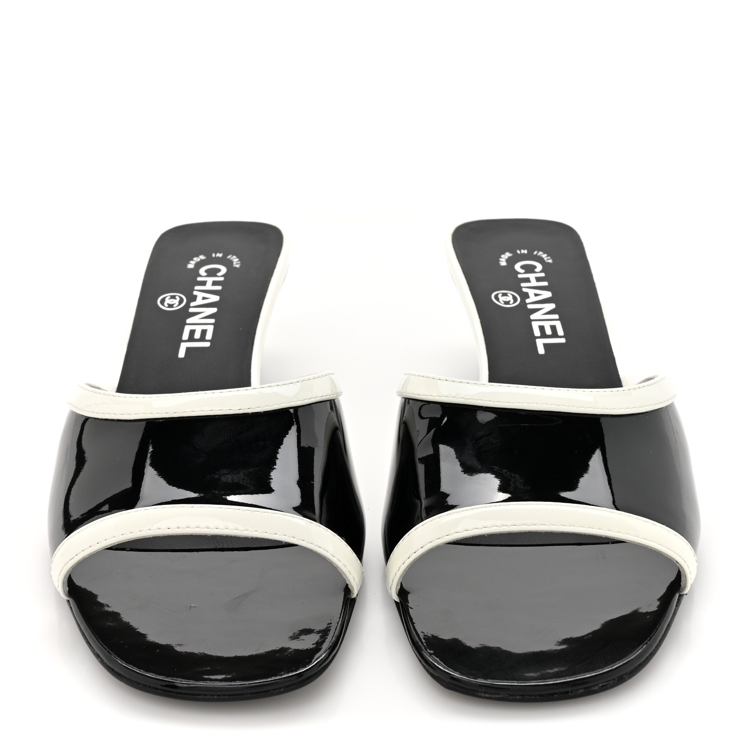 CHANEL Patent Calfskin Mules 37.5 Black White 1660458