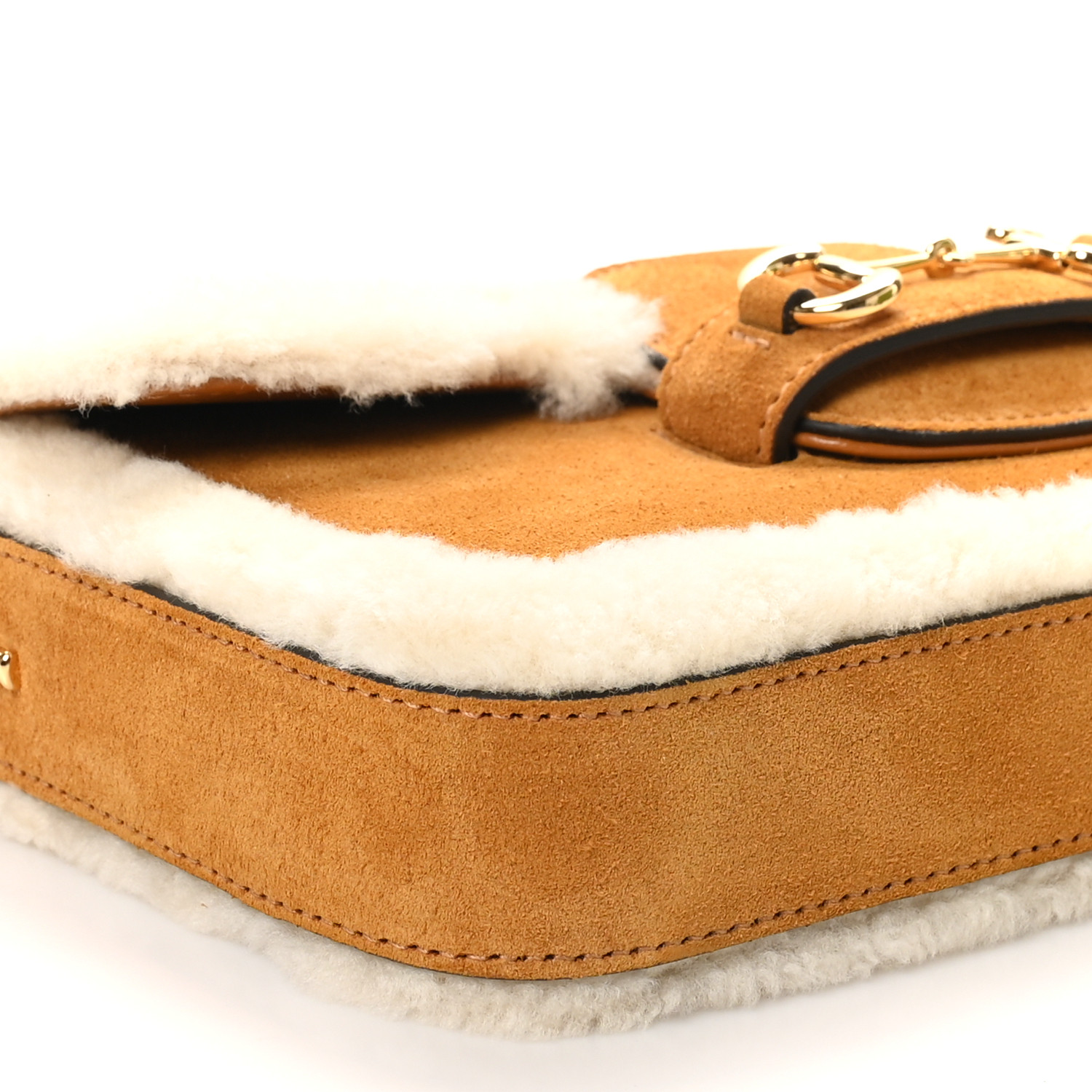 GUCCI Suede Shearling Horsebit Mini 1955 Shoulder Bag Honey