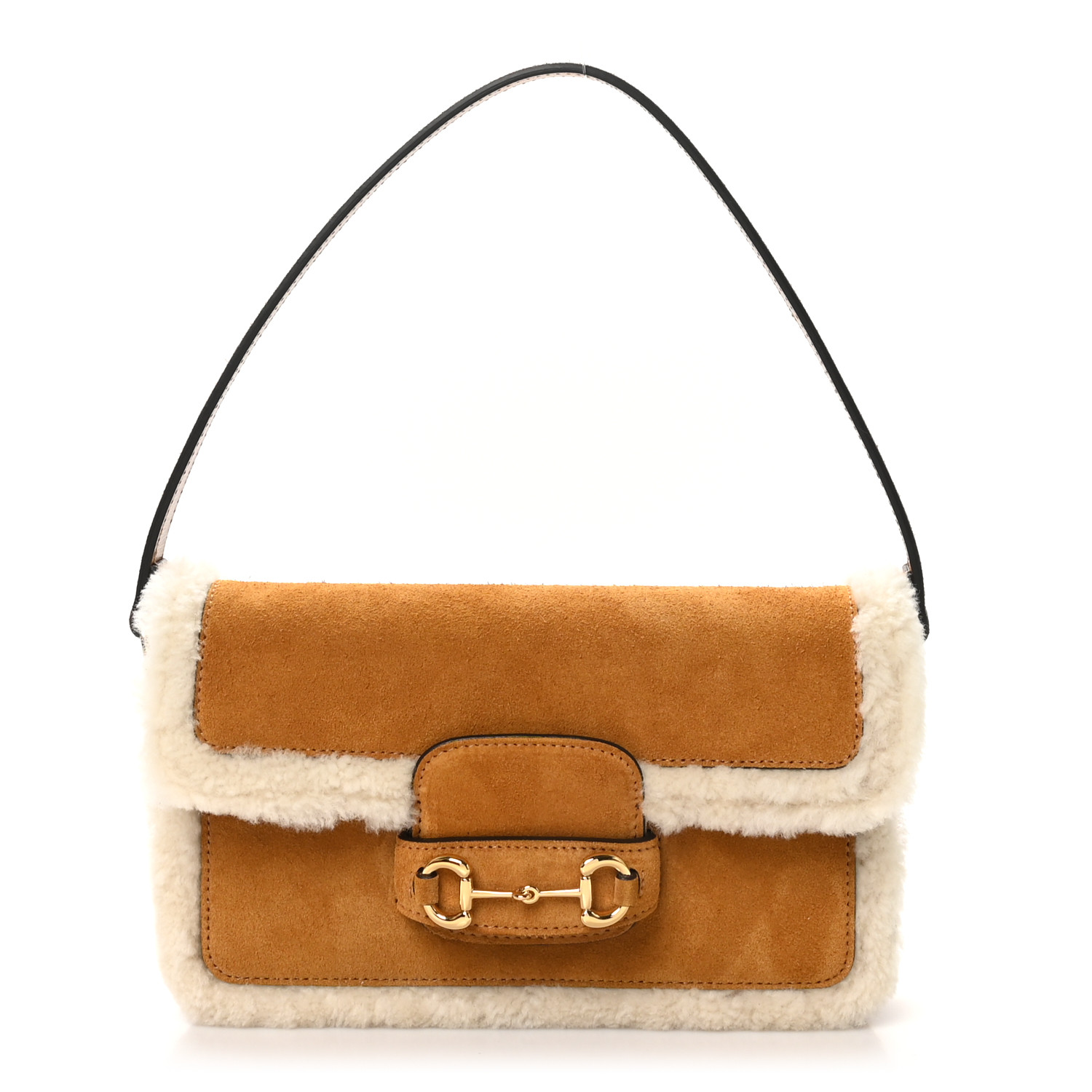 ショルダーバッグ・ポシェット 1955 Horsebit Suede Tote Bag with Shearling-Trim Gucci 1955 Horsebit Mini Brown Suede Tote Bag with Shearling