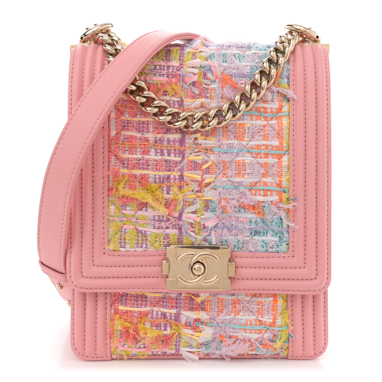 CHANEL ★ Chanel North South Boy Flap Pink CHANEL Calfskin Tweed Quilted North South Boy Flap Pink