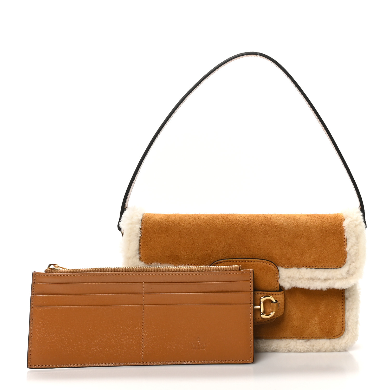 GUCCI Suede Shearling Horsebit Mini 1955 Shoulder Bag Honey
