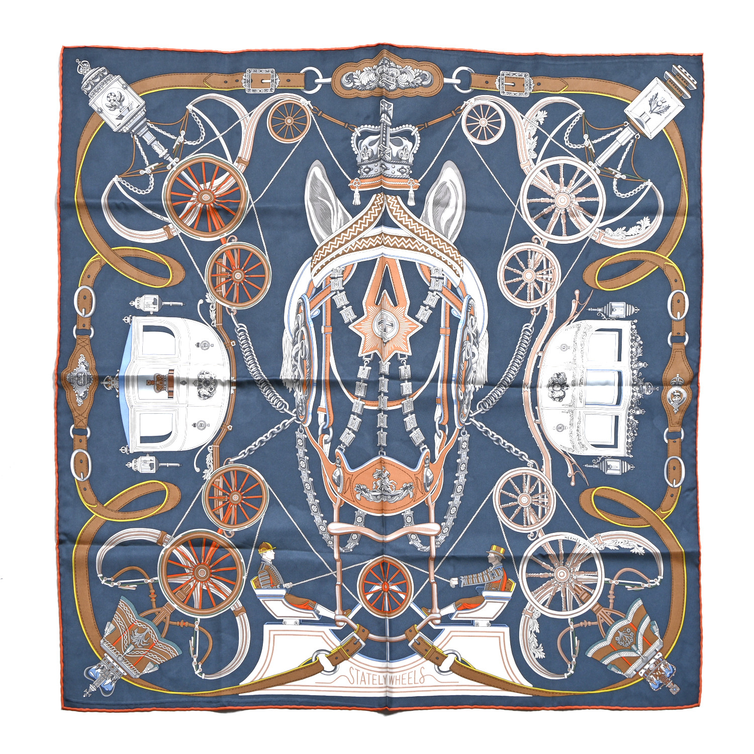 HERMES Silk Stately Wheels Scarf 90 Bleu Ardoise White