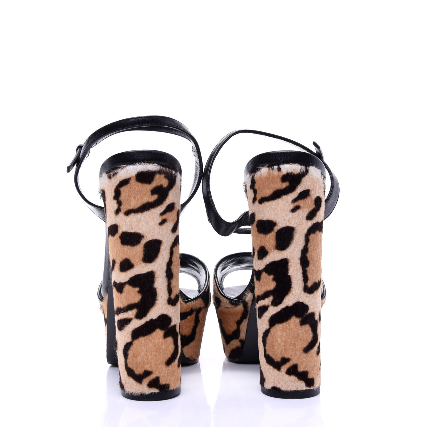 GUCCI Calf Hair Leopard Print Horsebit Platform Sandals 38.5
