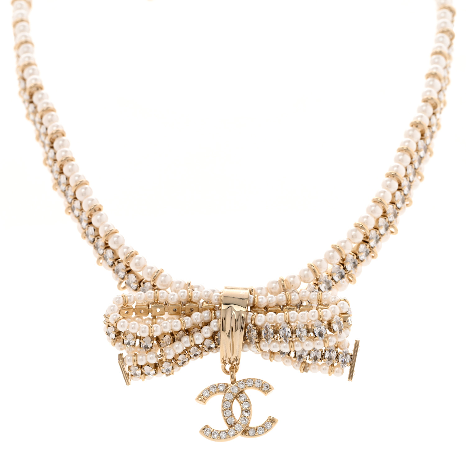 CHANEL Pearl Crystal CC Bow Choker Necklace Gold 1224232