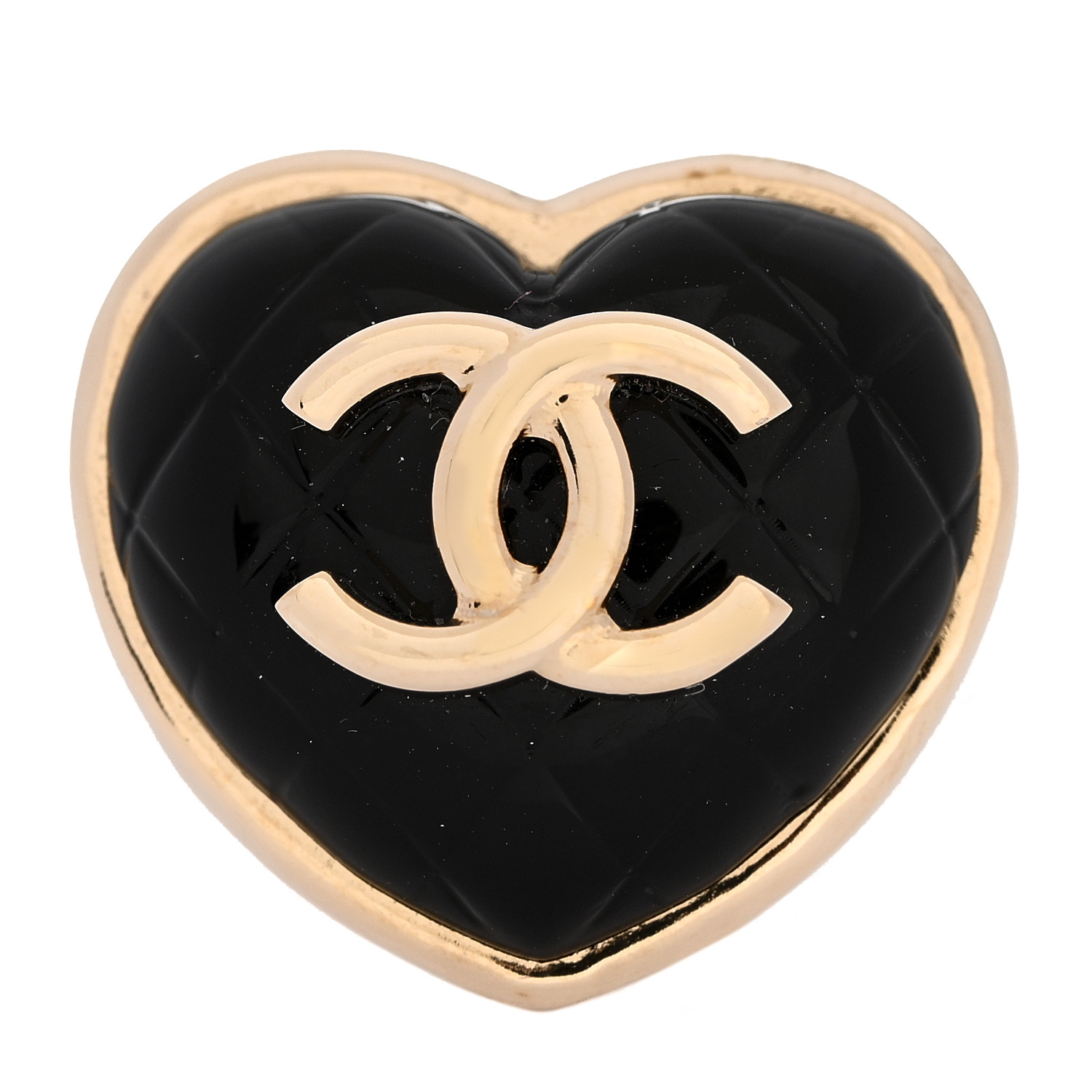 CHANEL Resin CC Quilted Heart Ring 53 6.25 Gold Black