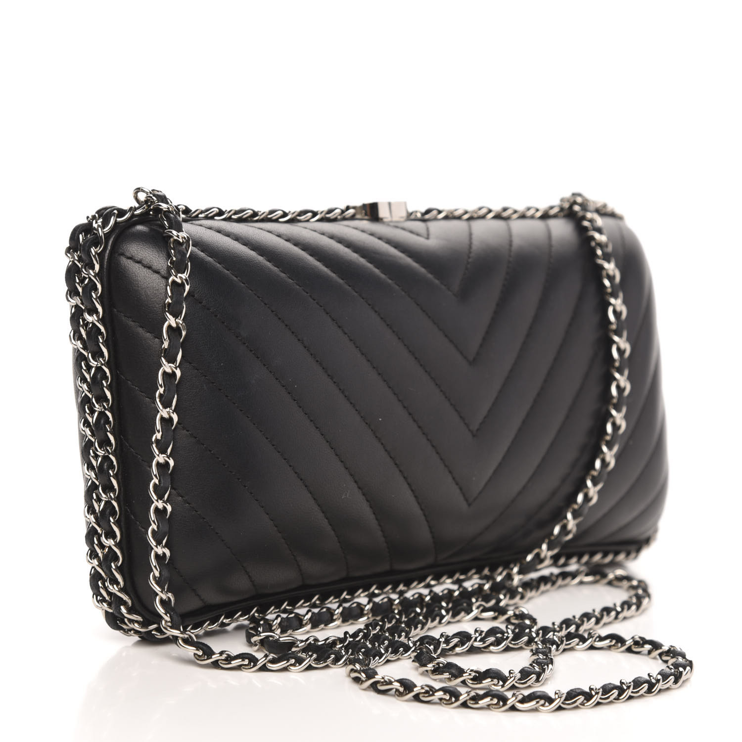 CHANEL Lambskin Chevron Quilted Chain Around Clutch Black