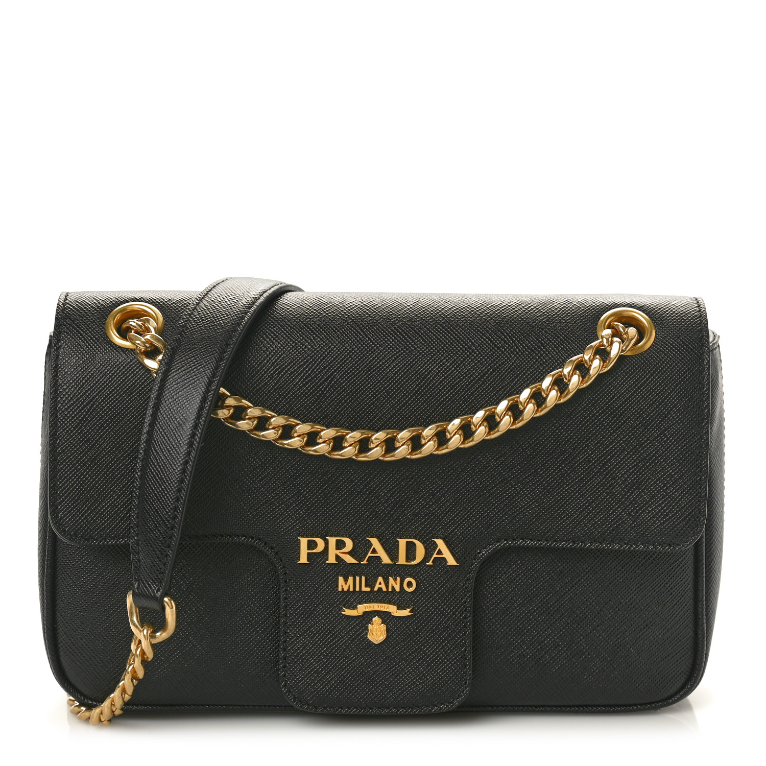 【PRADA】 Saffiano & Smooth Leather Shoulder Bag 1BH056 PRADA Saffiano Flap Shoulder Bag Black 1593220 | FASHIONPHILE