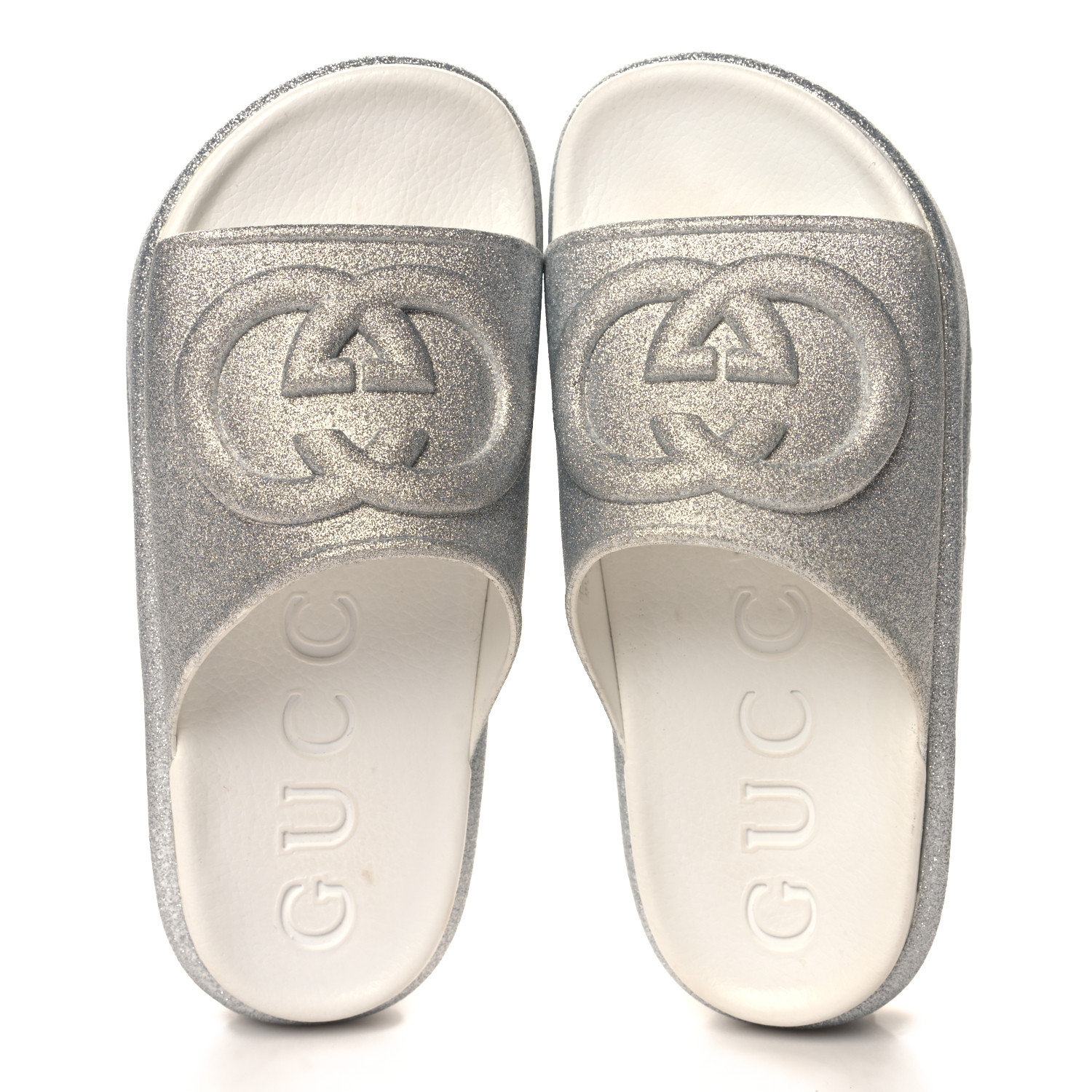【GUCCI 】Miami GG Glitter Rubber Slide Slippers SILVER GUCCI Glitter Rubber Womens Interlocking G Platform 42mm
