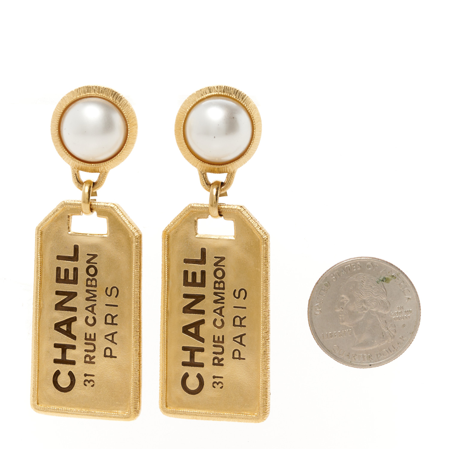 CHANEL Pearl CC Tags Drop Earrings Gold 1632862 | FASHIONPHILE