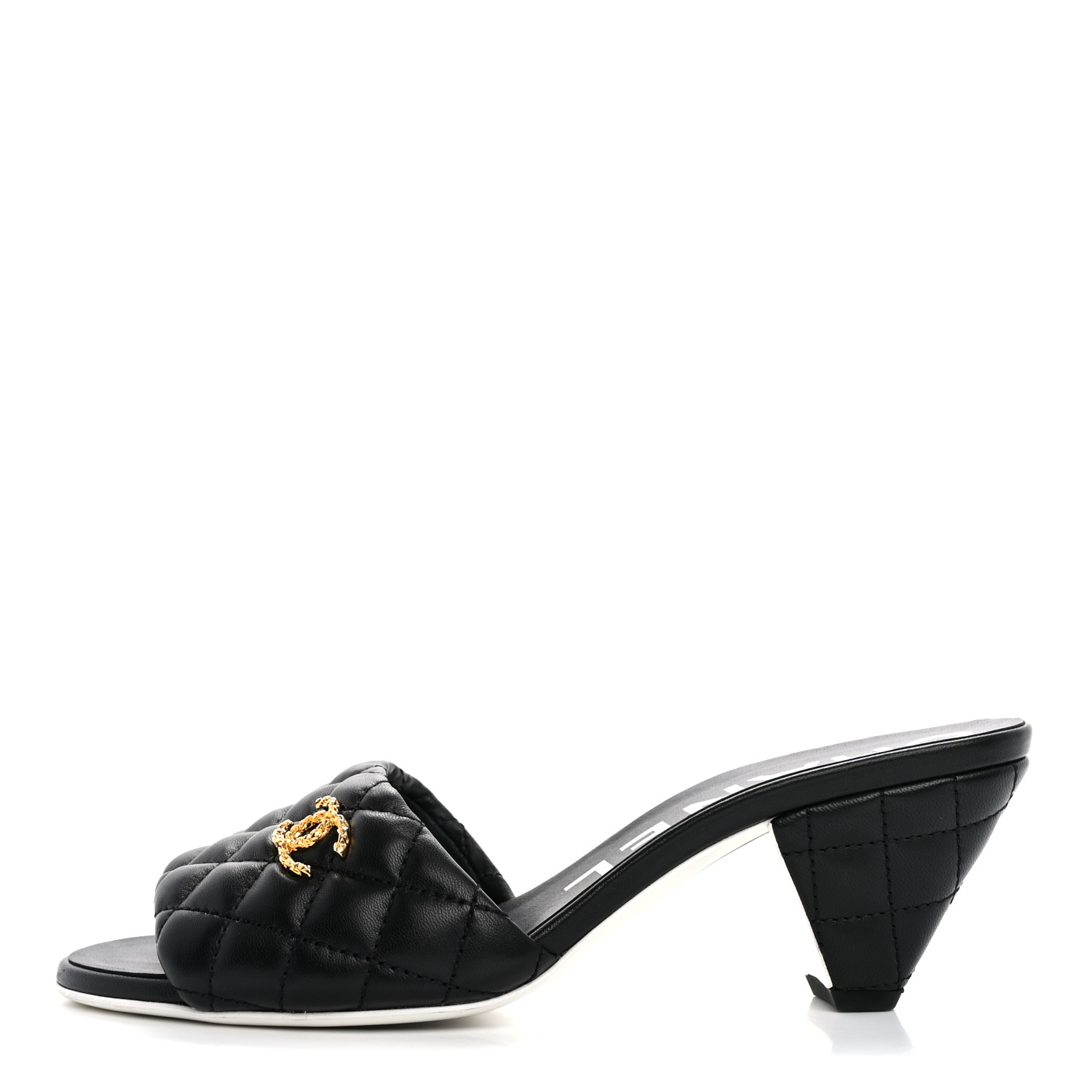 CHANEL Lambskin Quilted Textured CC Mules 38.5 Black 1656314