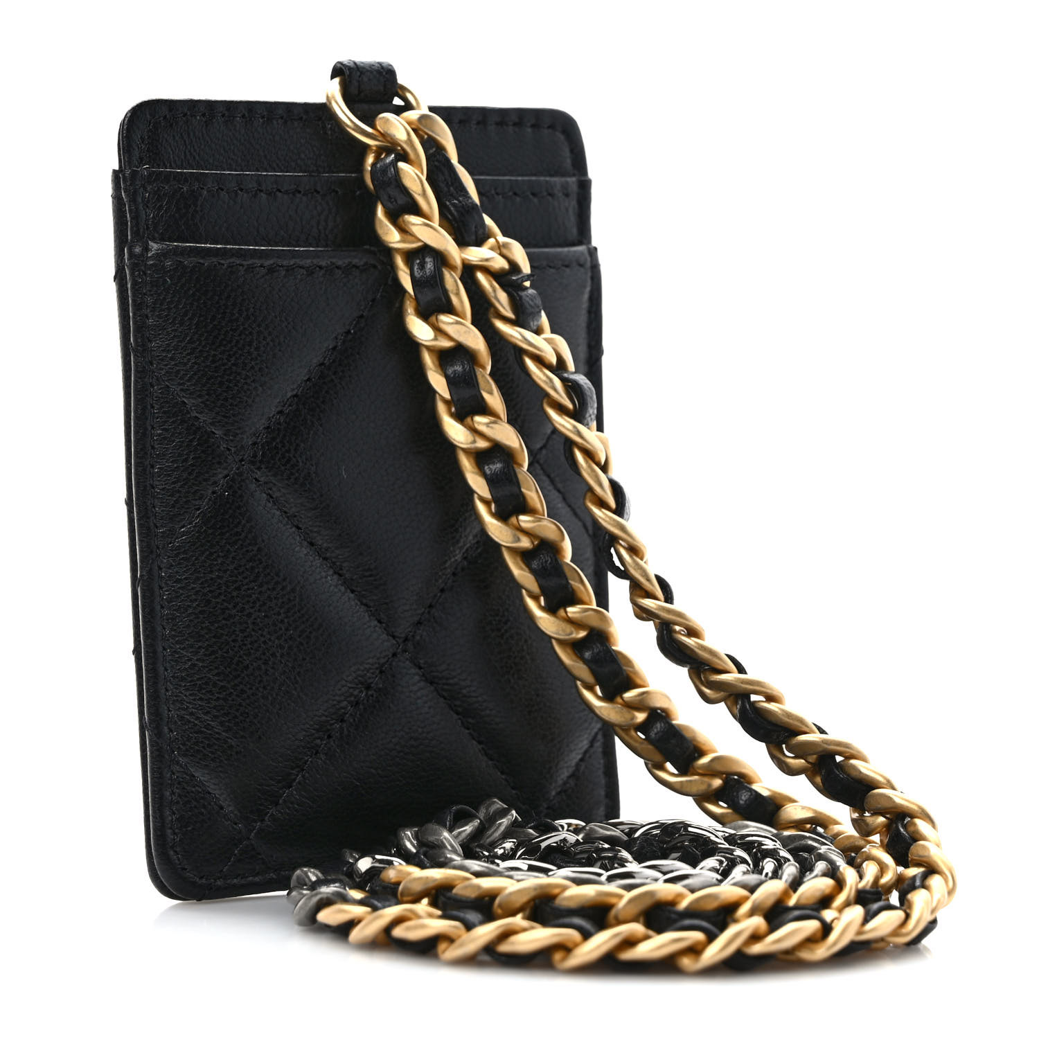 CHANEL Shiny Goatskin Quilted Chanel 19 Card Holder On Chain Black