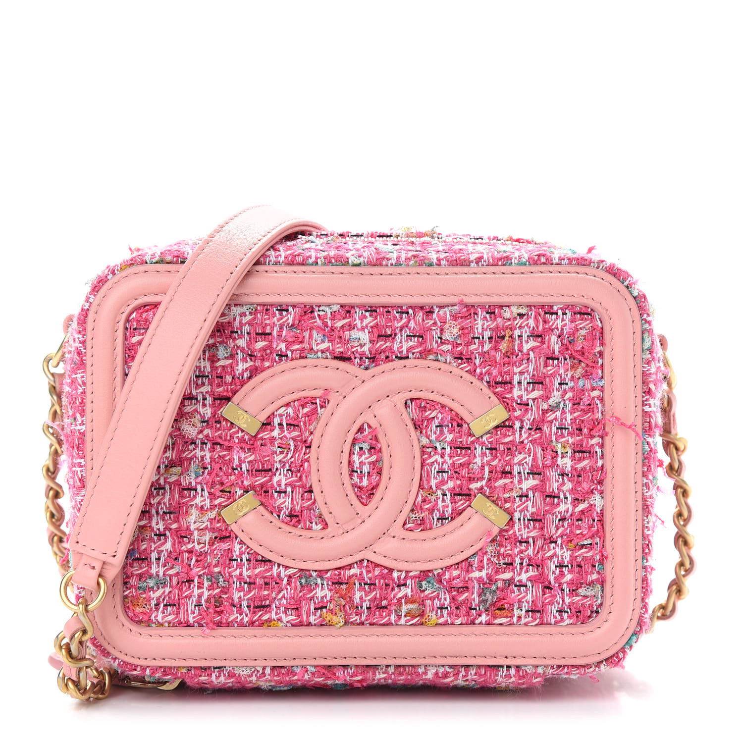 CHANEL Tweed Lambskin CC Filigree Vanity Clutch With Chain Pink