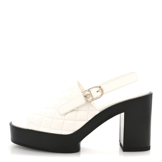 CHANEL Lambskin Quilted Peep Toe Wedge Sandals 38 White