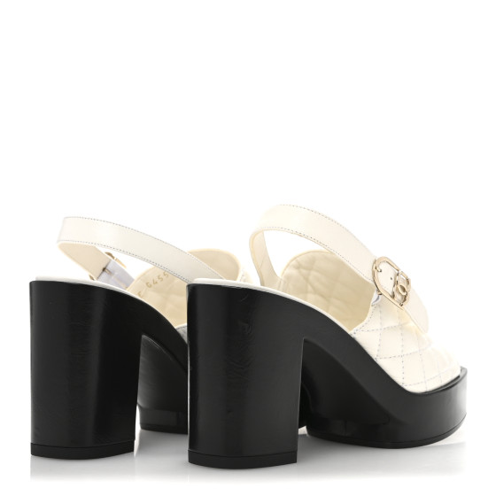 CHANEL Lambskin Quilted Peep Toe Wedge Sandals 38 White