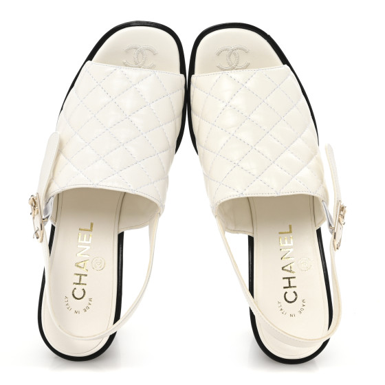 CHANEL Lambskin Quilted Peep Toe Wedge Sandals 38 White
