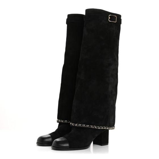 みな CHANEL Suede Calfskin Lambskin Cap Toe Chain Fold Over High