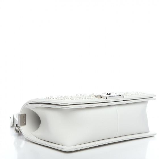 CHANEL Calfskin Pearl Chevron Quilted Medium Boy Flap White