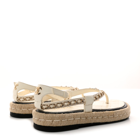 36ナチュラル CHANEL Lambskin Chain CC Thong Espadrille Sandals 36 White