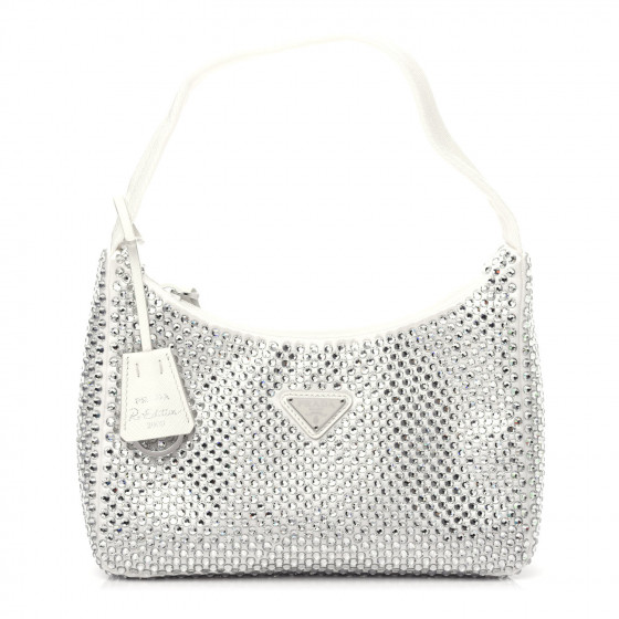 PRADA Satin Crystal Mini Re-Edition Bag White 685422