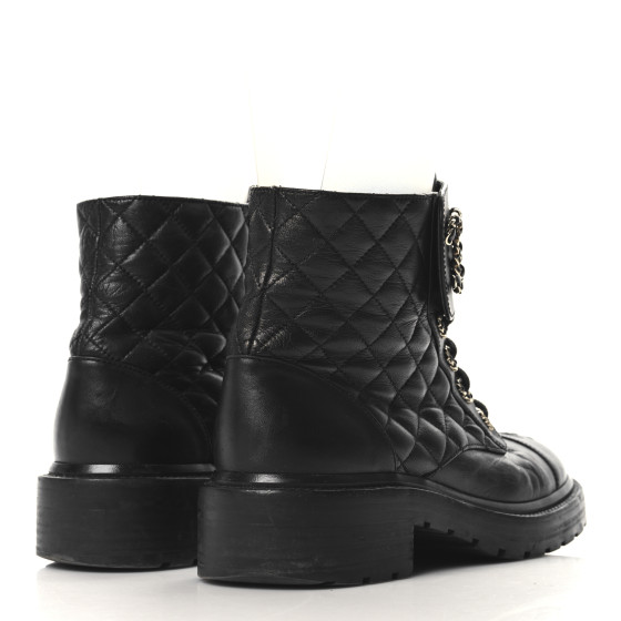 CHANEL Shiny Calfskin Quilted Lace Up Combat Boots 38.5