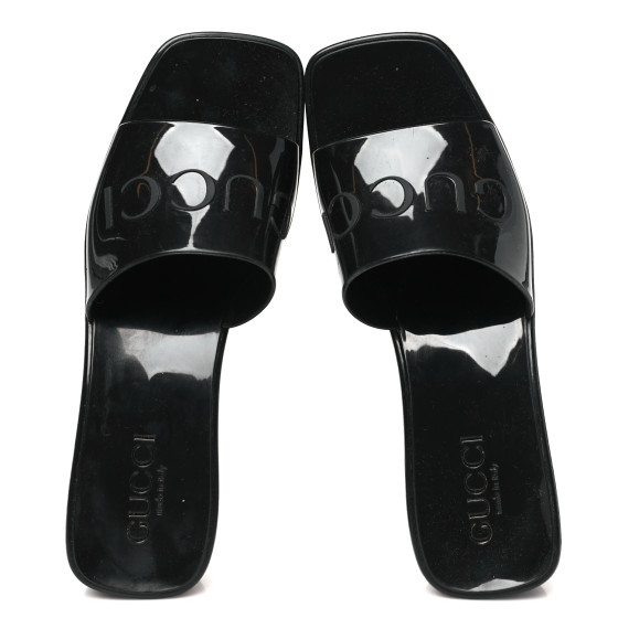 GUCCI ロゴ入り ブラック ミュール GUCCI Rubber Gucci Logo Womens Platform 20/60mm Slide