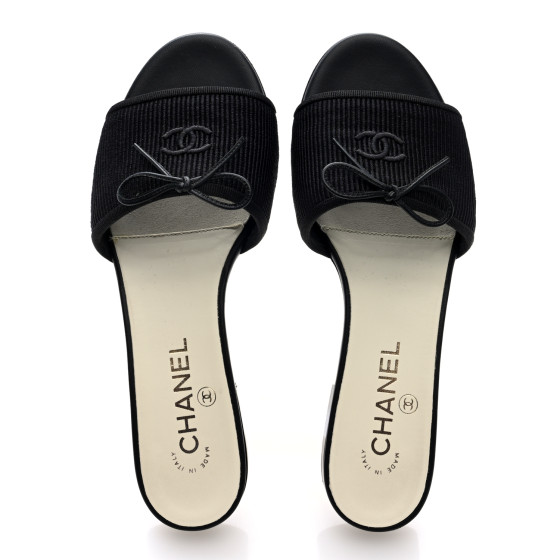 CHANEL Fabric Embroidered CC Bow Mules 38 Black 1698192