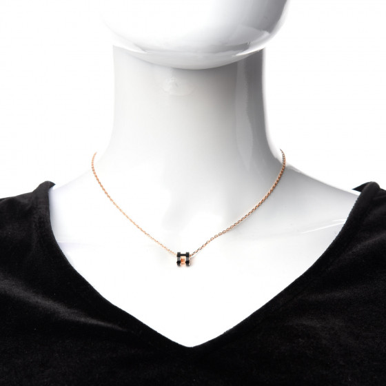 HERMES Lacquered Rose Gold Mini Pop H Pendant Necklace Black