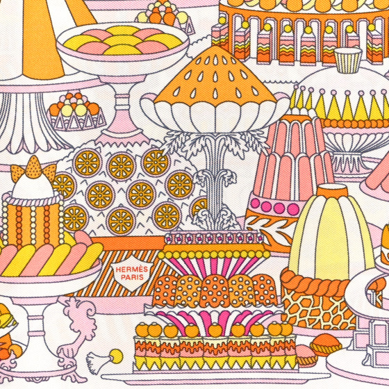 フランスのお菓子を描くHermesGavroche45 LaPatisserieFrancaise HERMES Silk La Patisserie Francaise Scarf 45 White Orange