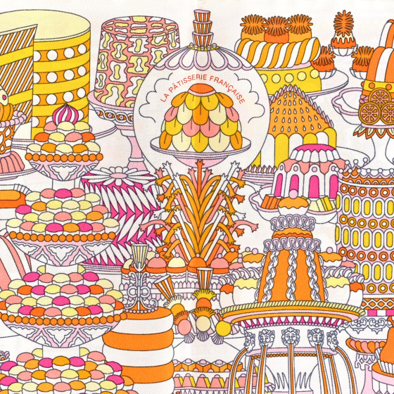 HERMES Silk La Patisserie Francaise Scarf 45 White Orange