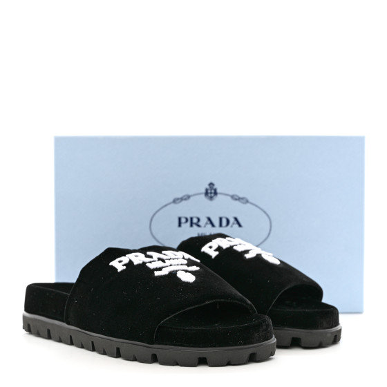 [Prada]★Velvet Slides Slippers★Black Prada logo-appliqué Velvet Slides | Black | FARFETCH