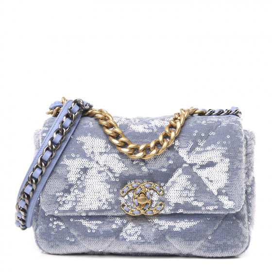 CHANEL Sequin Quilted Medium Chanel 19 Flap Light Blue 621408