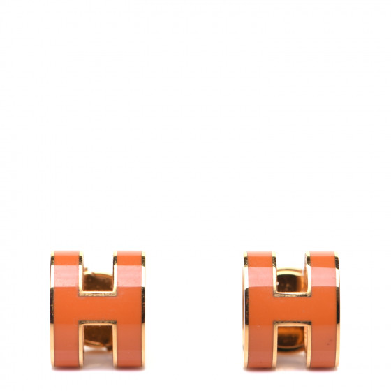 HERMES Gold Lacquered Pop H Earrings Orange 696141
