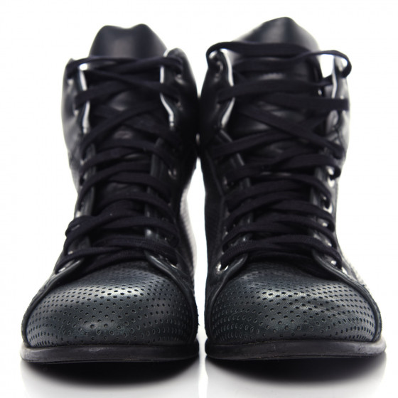 シャネル★ CHANEL Perforated Lambskin High Top CC Sneakers 36.5 Black