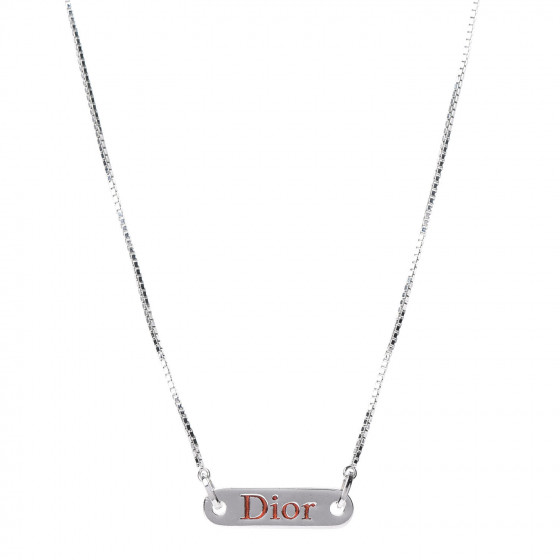 CHRISTIAN DIOR Enamel Logo Tag Short Necklace Silver Red