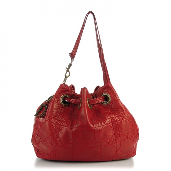 CHRISTIAN DIOR Lambskin Cannage Drawstring Bag Red 141401