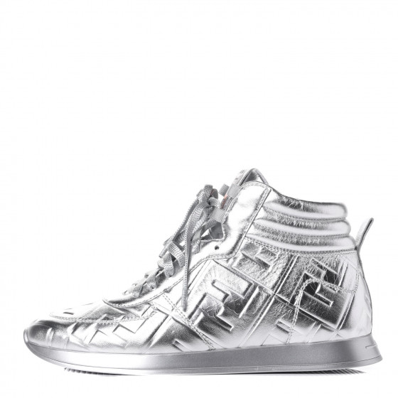 FENDI X NICKI MINAJ Metallic Nappa Macro FF Embossed Prints On High Top Sneakers 39 Silver