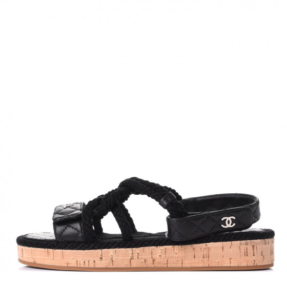 CHANEL Cord Lambskin Quilted Logo Sandals 38 Black 768321