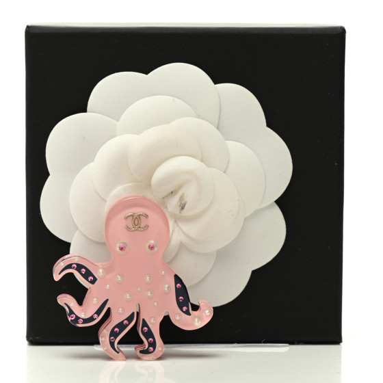 CHANEL Metal Resin Strass Pearl Octopus CC Brooch Gold Pink