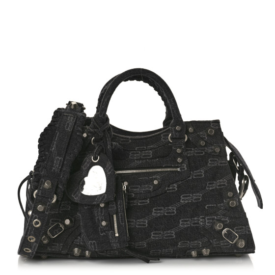 BALENCIAGA Washed Denim BB Monogram Neo Cagole City Handbag